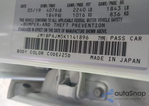 2019 Mazda Mazda3 из США, поврежденный, VIN JM1BPAJM5K1141896